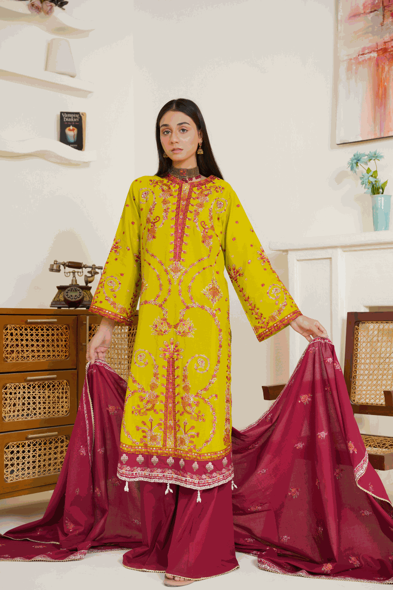 Vibrant lime yellow embroidered lawn suit with maroon trousers and dupatta